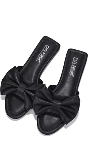 Summer Black Vegan Leather Bow Knot Flat Sandals
